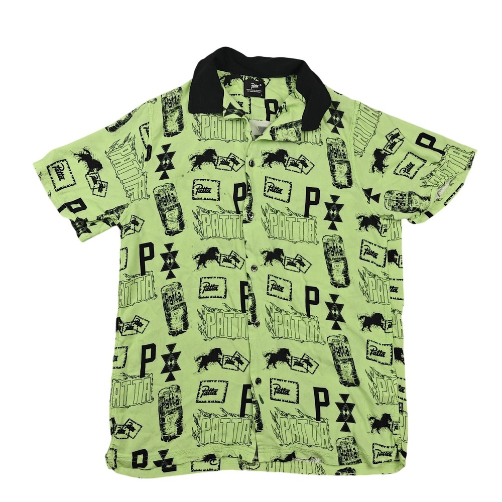 Patta Shirt Mens Large Green Graphic Print Rayon Short Sleeve Button Up Casual
